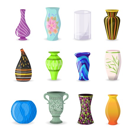 Vase vector decorative ceramic pot and decor modern pottery elegance vases illustration set of classic beautiful glass jar isolated on white background.のイラスト素材