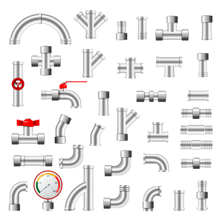Pipe vector plumbing pipeline or piped tubing construction of metaal piping system illustration set of plastic tubes with valves isolated on white background.のイラスト素材