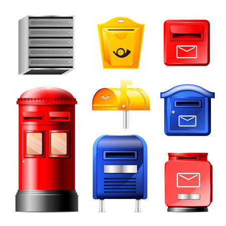 Mail box vector post mailbox or postal mailing letterbox illustration set of postboxes for delivery mailed letters in envelope isolated on white background.のイラスト素材