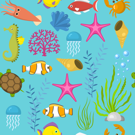 Seamless vector pattern with cute decorative fishes illustration. Funny multicolor background, marine texture underwater aquatic fishing animals. Aquarium or ocean nature turtle, starfish, seahorse.のイラスト素材