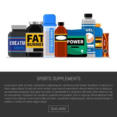 Sports nutrition supplement poster. Fitness. Protein shakers energy drinks. Vector illustration healthy food for bodybuilding power background. Athletic powder organic muscle nutritional food.のイラスト素材