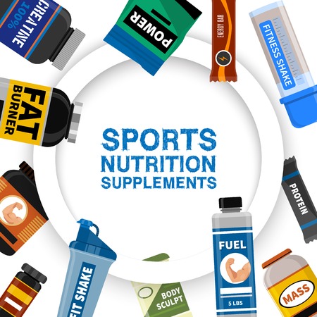 Sports nutrition supplement poster. Fitness. Protein shakers energy drinks. Vector illustration healthy food for bodybuilding power background. Athletic powder organic muscle nutritional food.のイラスト素材