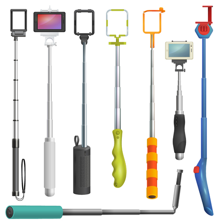 Selfie stick vector monopod with smartphone making photography self-portrait illustration set of phone-stick and selfie-monopod isolated on white background.のイラスト素材