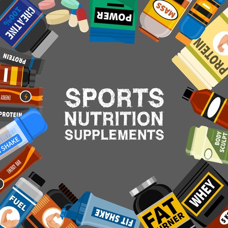 Sports nutrition supplement poster. Fitness. Protein shakers energy drinks. Vector illustration healthy food for bodybuilding power background. Athletic powder organic muscle nutritional food.のイラスト素材