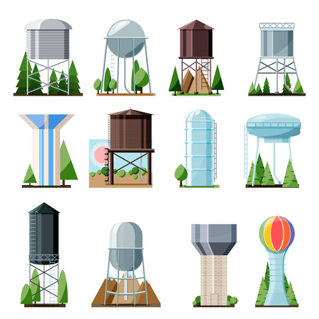 Water tower vector tank storage watery resource reservoir and industrial high metal structure container water-tower illustration set of towered construction isolated on white background.のイラスト素材