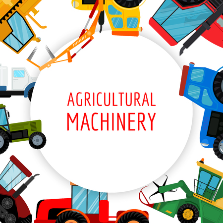 Agricultural vehicles and farm machines vector illustration. Tractors, harvesters, combines. Agriculture business concept. Agriculture machinery, crop harvest banner poster brochure.のイラスト素材