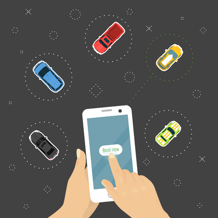 Ordering car online concept, hand holding smartphone with vehicle booking app vector illustration. Choosing the best car for transportation banner, poster, brochure, flyer. Advertisement.のイラスト素材