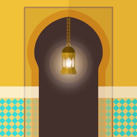 Arch flat card vector illustration. Beautifully realistic decorated entrance to the building poster, banner, brochure, flyer. Door, arch and painted walls with lamp hanging in front.のイラスト素材