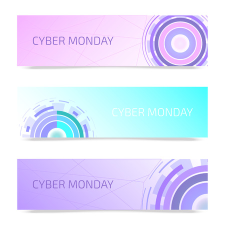 Futuristic circles set of banners vector illustration. Cyber monday background for online shopping advertisement. Sci fi technology. Buying things in Internet. Web design from future. Modern.のイラスト素材