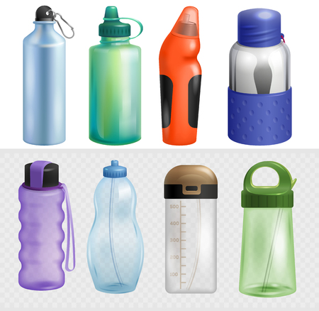 Sport bottle vector sportive water bottled drink thermo and fitness plastic energy beverage with straw illustration sporting set of bottling flask isolated on white background.のイラスト素材