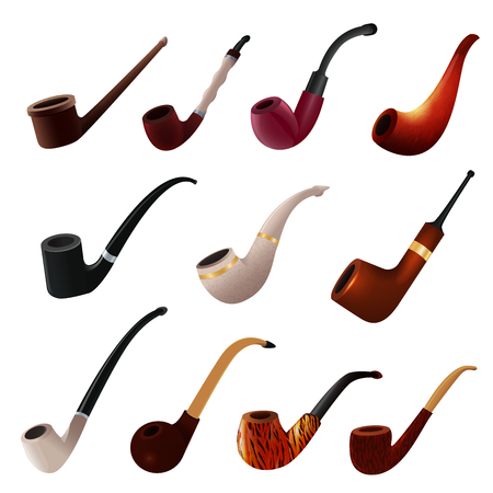 Tobacco pipe vector vintage nicotine smoker object classic retro smoking-pipe product illustration set of realistic old smoke accessory isolated on white background.のイラスト素材