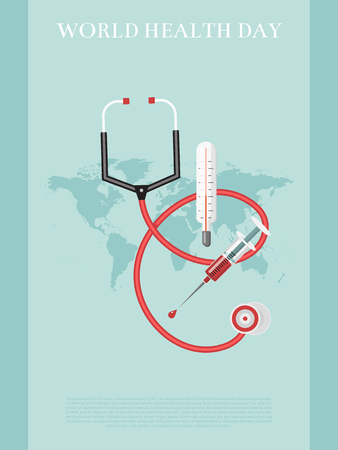 World health day vector illustration. Mediacal equipment for patient treatment greeting card, poster and banner. Healthy concept. Phonendoscope, thermometer, syringe in front of world map.のイラスト素材
