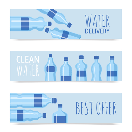 Plastic bottle vector illustration. Different sizes of cartoon containers for water and other liquids. Blue empty bottles set of banners poster brochure. Clean water delivery. Best offer.のイラスト素材