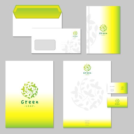 Business identity set vector illustration. Green presentation templates elements. Use in Presentation, flyer and leaflet, corporate report, envelope, advertising, annual report, business card.のイラスト素材