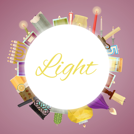 Candle frame vector illustration. Wax candles for xmas party, romantic heat candlelight flame and lit flaming nightlight in glass. Flames for birthday cake or hanukkah decoration banner, poster.のイラスト素材