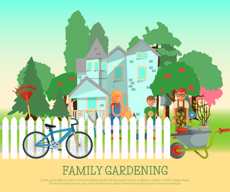 Happy family gardening poster vector illustration. Parents and kid are working near house in yard behind fence. Woman watering flowers. Wheelbarrow with plants. Boy with shovel. Outdoor activityのイラスト素材