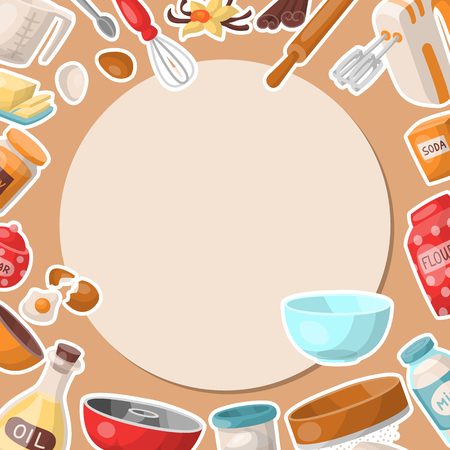 Baking cartoon tools round pattern. Kitchen utensils. Baking ingredients set sugar, vanilla, flour, oil, butter, baking soda, baking powder, honey, eggs Cooking vector illustration Food suppliesのイラスト素材