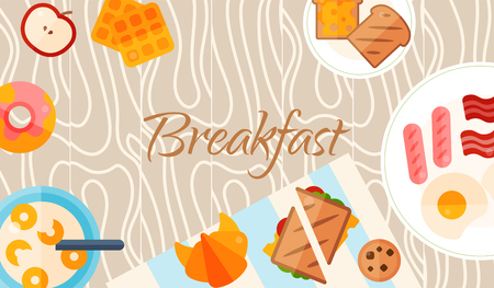 Breakfast brunch banner concept vector illustration. Healthy start day. Eating in the morning. Food collection with apple, sandwich toast, croissant, donut cereal and fried eggs with bacon sausages.のイラスト素材