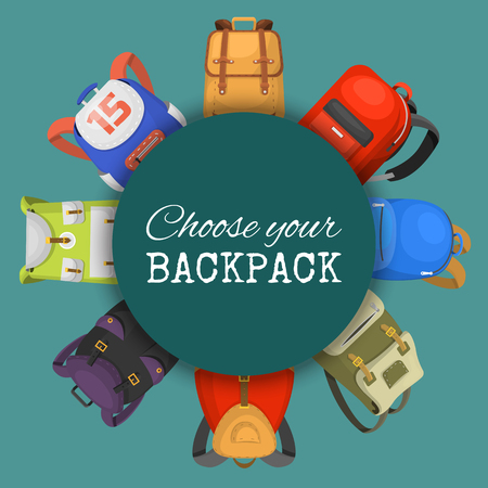 Colored school backpacks set. Choose your backpack banner, poster. Education and study back to school, schoolbag luggage, rucksack vector illustration. Fashionable bags for kids and adults.のイラスト素材