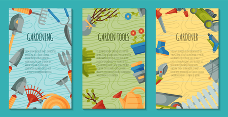 Garden tools set of posters or cards vector illustration. Equipment as wheelbarrow, trowel fork hoe, boots, gloves, shovel and lawn mower, watering can. Plant such as flower and tree seedlings.のイラスト素材