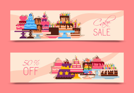 Cake sale banners vector illustration. Chocolate and fruity desserts for sweet shop with fresh and tasty cupcakes, cakes, pudding, biscuits, whipped cream, glaze and sprinkles. Discounts.のイラスト素材