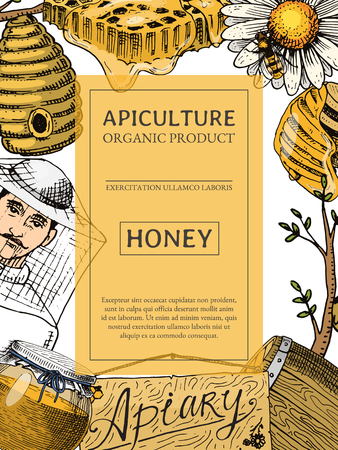 Honey waxing bee and beehive flyer. Poster organic honey and apiary, beehive and chamomile dessert nutrition food vector illustration. Banner with hand drawn beekeeper man.のイラスト素材