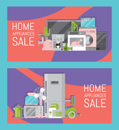 Home appliances sale banners flat illustration vector. Modern technology house machine equipment. Domestic appliance automation device. Creative apartment household elements flyer.のイラスト素材