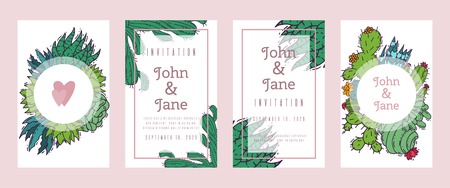 Succulents invitation cacti green plants vector illustration. Nature botanical houseplant floral banner. Cactus design botany bouquet. Decorative flora garden card. Tropical romantic plant blossomのイラスト素材