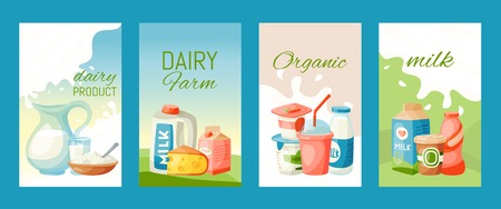 Dairy products or milk set vector illustration. Fresh, quality, organic food cards or banners. Great taste and nutritional value. Milk, cheese, yogurt, cottage cheese, sour cream, milk shake, cream.のイラスト素材