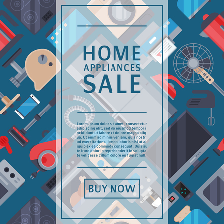 Home appliances sale poster flat illustration vector. Modern technology house machine equipment. Domestic appliance automation device. Creative apartment household elements banner.のイラスト素材
