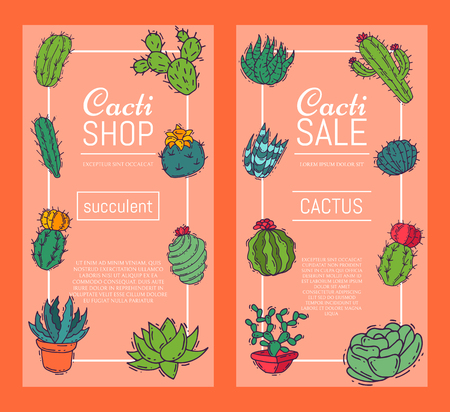 Succulents decorative banners cacti green plants vector illustration. Nature botanical houseplant floral banner. Cactus botany bouquet. Decorative flora garden sale card. Tropical plant blossomのイラスト素材