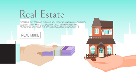 House rent banner, home selection, building buying in hands, real estate concept vector illustration. Housing purchase realty choose commercial investment apartment. Property cottage buy flyer.のイラスト素材