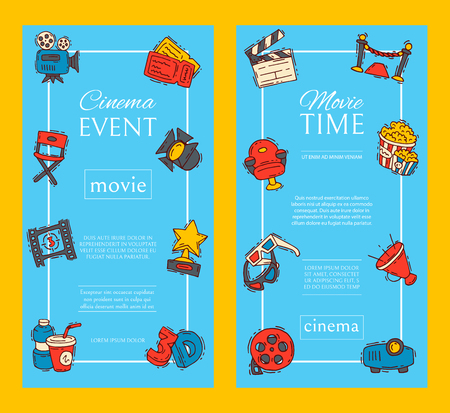 Cinema festival poster flyer media production background vector. Sale ticket banner. Movie time and entertainment concept. Camera cinematography advertising flat illustration.のイラスト素材