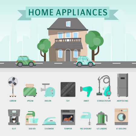 Home appliances flat illustration vector concept. Modern technology house with electric equipment. Domestic appliance automation device. Creative apartment household elements poster.のイラスト素材