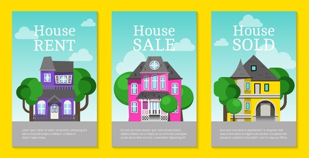 House rent cards, home selection, building project, real estate concept, flat poster vector illustration. Housing purchase realty choose commercial investment apartment. Property cottage buy flyer.のイラスト素材