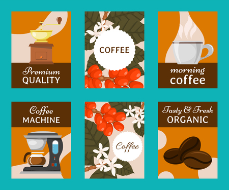 Coffee beans and equipment set of cards vector illustration. Morning coffee. Organic coffee. Always fresh and natural. Barista equipment such as espresso beans pot. Machine.のイラスト素材