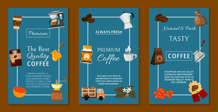 Coffee beans and equipment set of banners vector illustration. It s coffee time. Organic coffee. Always fresh and natural. Barista equipment such as espresso,coffee beans coffee pot.のイラスト素材