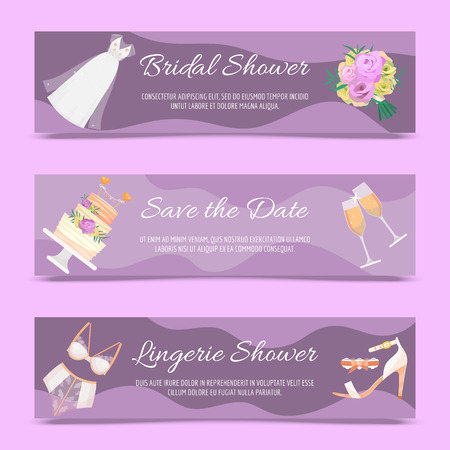 Bridal shower set of banners vector illustration. Save the date. Lingerie shower. Wedding accessories such as flower bouquet, dress, glasses with champagne, cake, underwear, shoes, garters.のイラスト素材