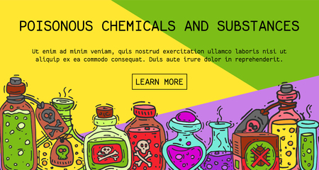 Poisonous chemicals and substances banner vector illustration. Different containers for liquids oil, biofuel, explosive, chemical, radioactive, flammable and poisonous liquids.のイラスト素材