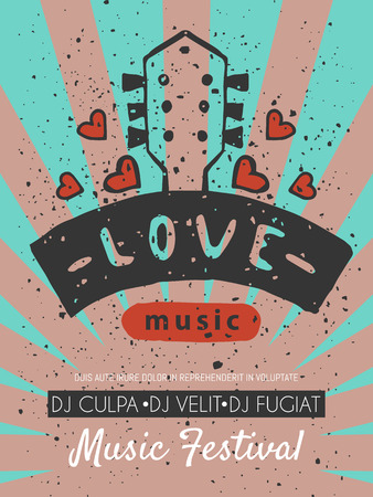 Love music festival poster vector illustration. Let your heart sing. Music make everything better. Electric guitars with hearts. Listening to songs. DJ performance. Instrument playing. Musical event.のイラスト素材
