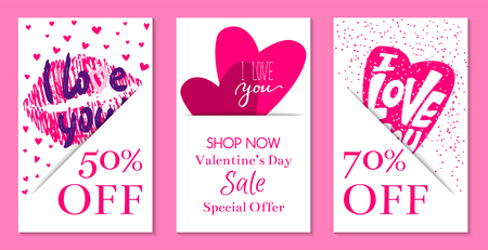 Happy Valentines day banners vector illustration. I love you. Wedding, marriage, save the date, bridal. Sales and discounts for holiday. Special offer. Pink lip print and hearts.のイラスト素材