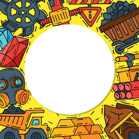 Mining industry round pattern vector illustration. Profession and occupation. Coal mining equipment, miner tools. Special machinery. Equipment for mining underground operations.のイラスト素材