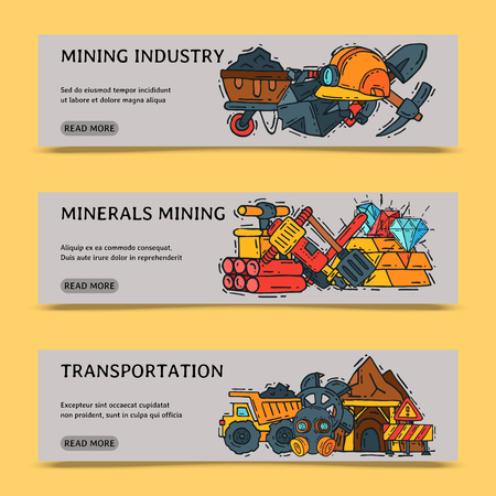 Mining industry set of banners vector illustration. Profession and occupation. Coal mining equipment, miner tools. Special machinery. Equipment for mining underground operations.のイラスト素材