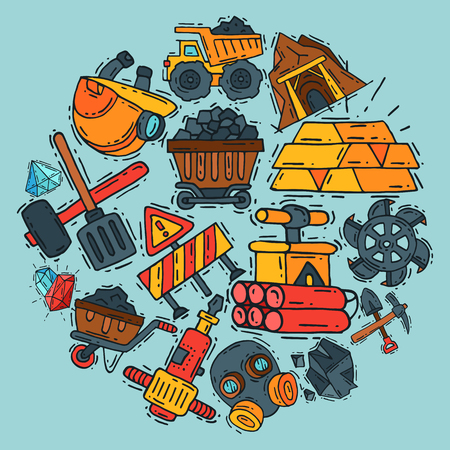 Mining industry round pattern vector illustration. Profession and occupation. Coal mining equipment, miner tools. Special machinery. Equipment for mining underground operations.のイラスト素材