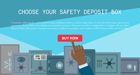 Money safe steel vault door banner. Safety business box for cash secure protection vector illustration. Finance business concept. Choose your safety deposite box. Storage gate with electronical lock.のイラスト素材