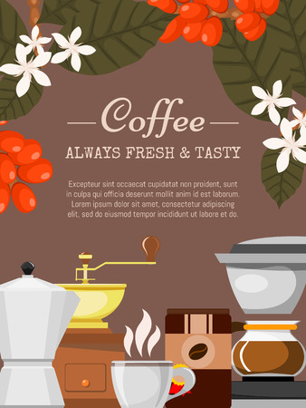 Coffee shop poster vector illustration. Morning coffee. Organic coffee. Always fresh and natural. Barista equipment such as espresso machine, coffee beans, coffee pot. Plants.のイラスト素材