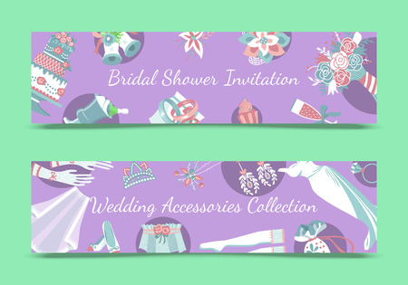 Bridal shower invitation vector illustration. Save the date. Wedding accessories collection banner. Flower bouquet, dress, glass with champagne, cake, gloves, shoes, garters bells tiaraのイラスト素材