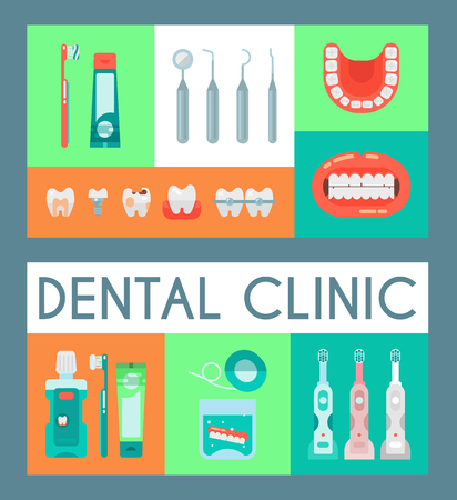 Dentistry set of banners vector illustration. Dental clinic, oral care with electronic brush, paste, mouse wash. Set of dental tools and equipment. Orthodontics. Bad teeth with cavities and caries.のイラスト素材