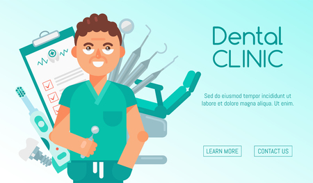 Dental clinic banner vector illustration. Dental care web design. Set of dental tools and equipment. Friendly smiling dentist. Dentistry, Orthodontics. Healthy clean teeth. Patient chair.のイラスト素材