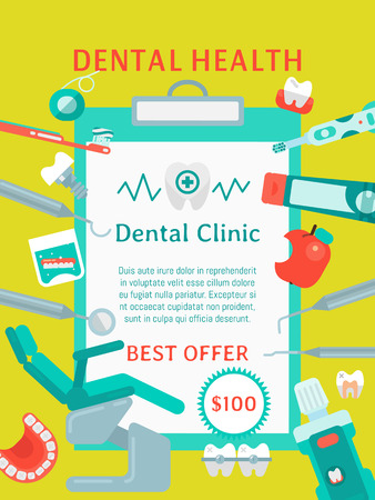 Dental health poster vector illustration. Dental care. Set of dental tools and equipment. Dentistry, Orthodontics. Healthy clean teeth. Teeth brush paste, tooth, floss. Examination chair. Best offer.のイラスト素材